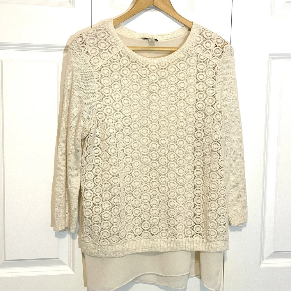 Lucky Brand Ivory Lace Chiffon Split Back Sweater Eyelet Medium - Picture 4 of 8